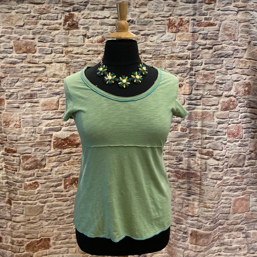 Boden Raw-Edged Green T-Shirt with Blue Trim